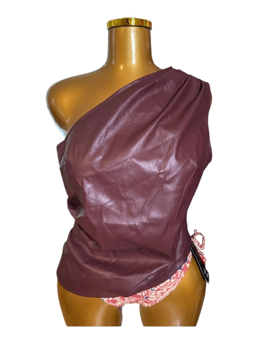 SHEIN One-Shoulder Faux Leather Top in Wine